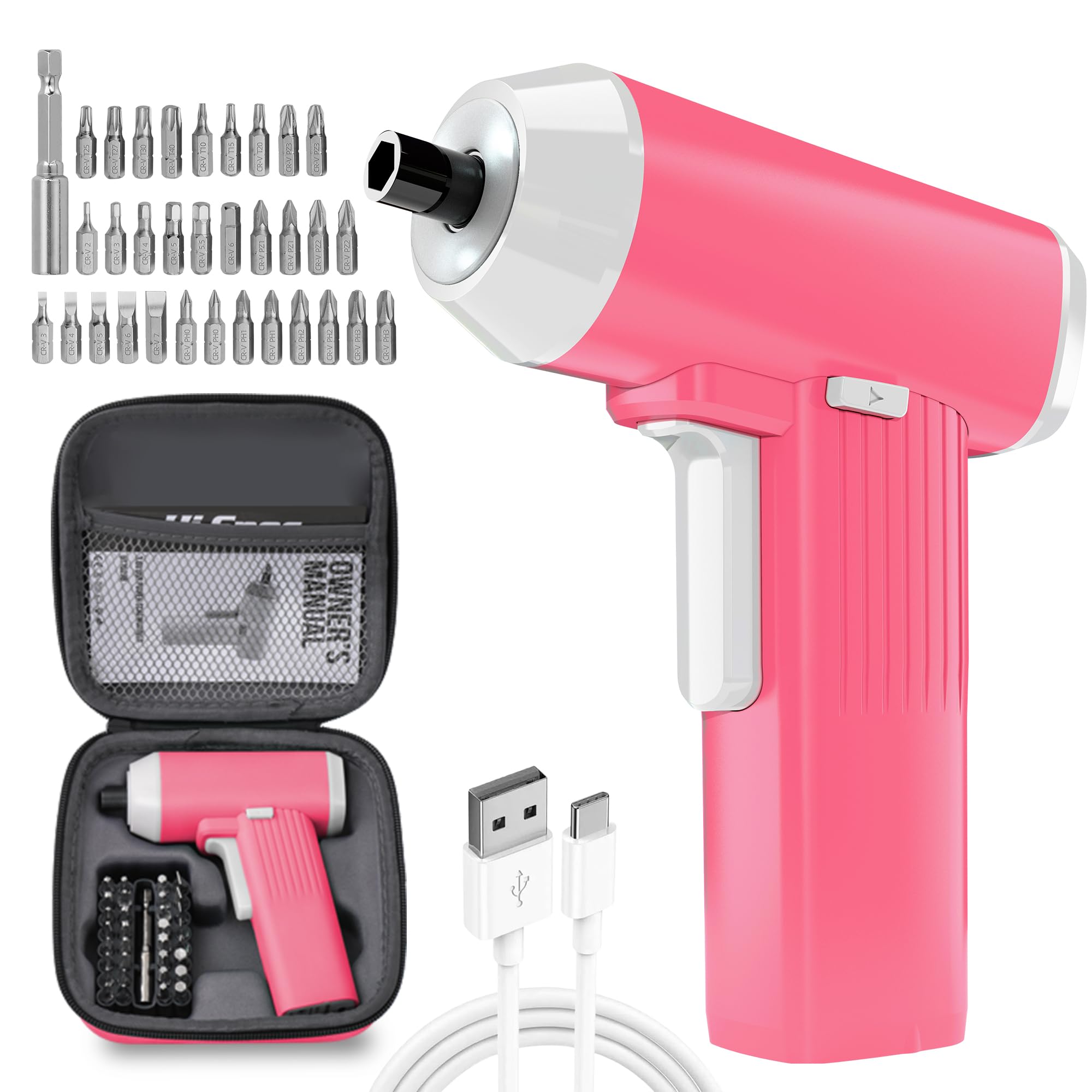 Hi-Spec 34pc 3.6V Pink USB Small Power Electric Screwdriver Set for Women. LED Light, Li-ion Battery, Cordless & Rechargeable with Driver Bit Set.