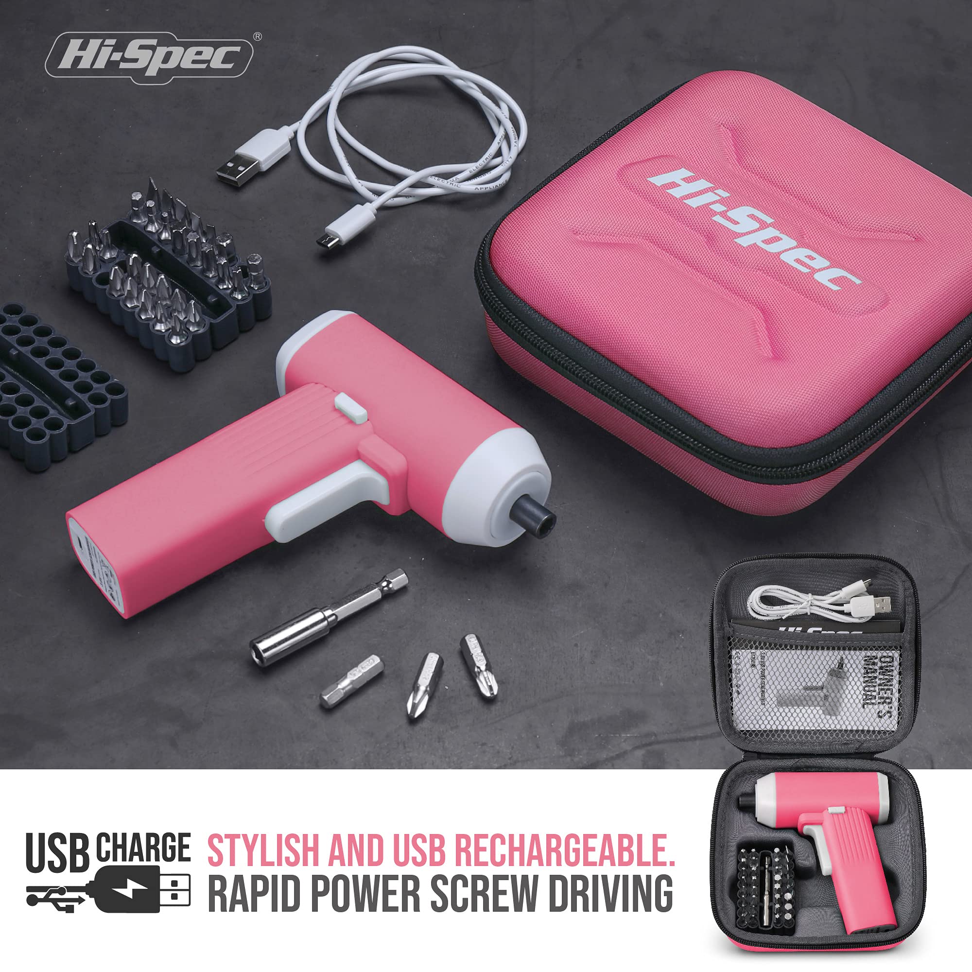 Hi-Spec 34pc 3.6V Pink USB Small Power Electric Screwdriver Set for Women. LED Light, Li-ion Battery, Cordless & Rechargeable with Driver Bit Set.