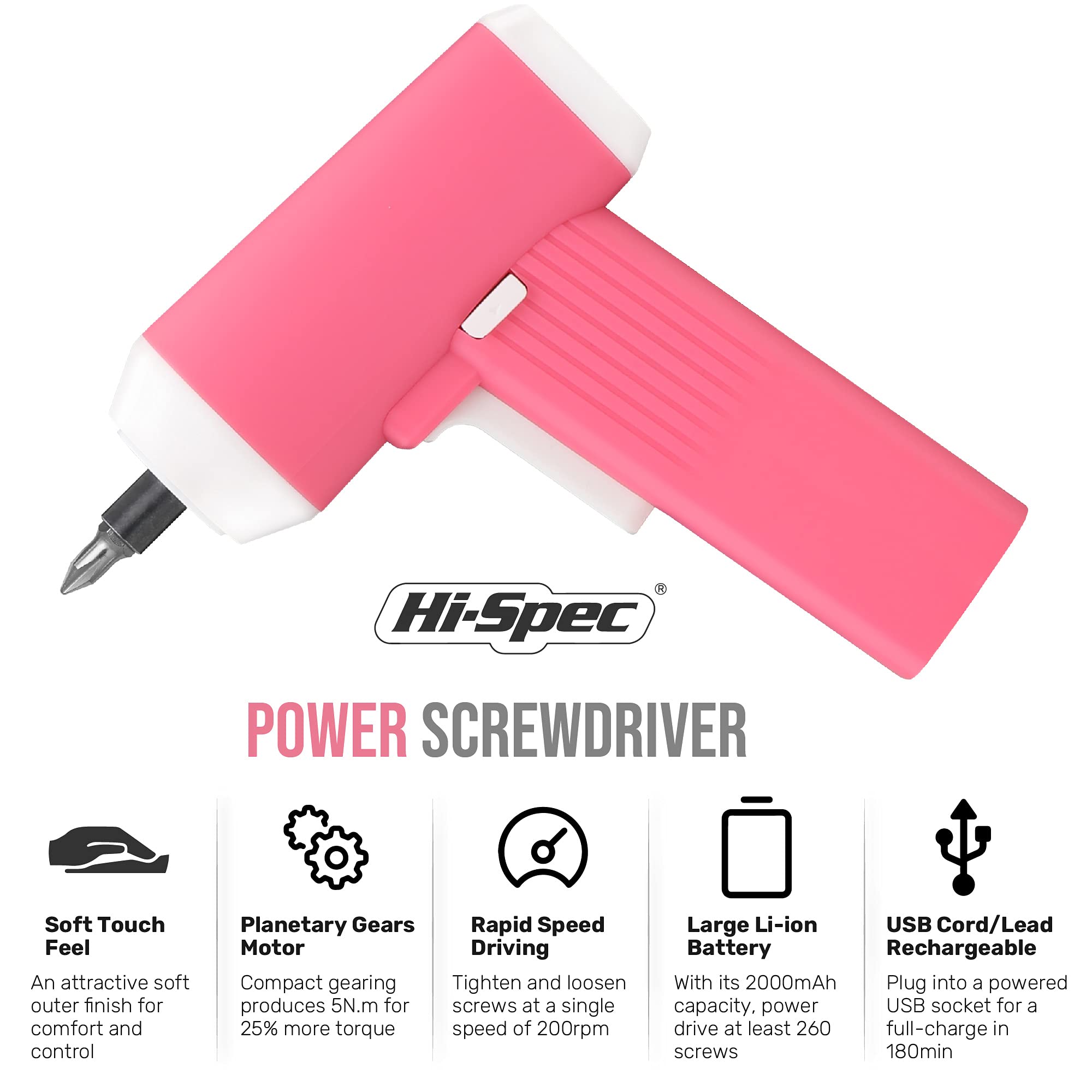 Hi-Spec 34pc 3.6V Pink USB Small Power Electric Screwdriver Set for Women. LED Light, Li-ion Battery, Cordless & Rechargeable with Driver Bit Set.