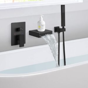 cinwiny matte black wall mount waterfall tub spout with handheld shower single handle tub filler bathtub shower faucet set with sprayer rough-in valve brass