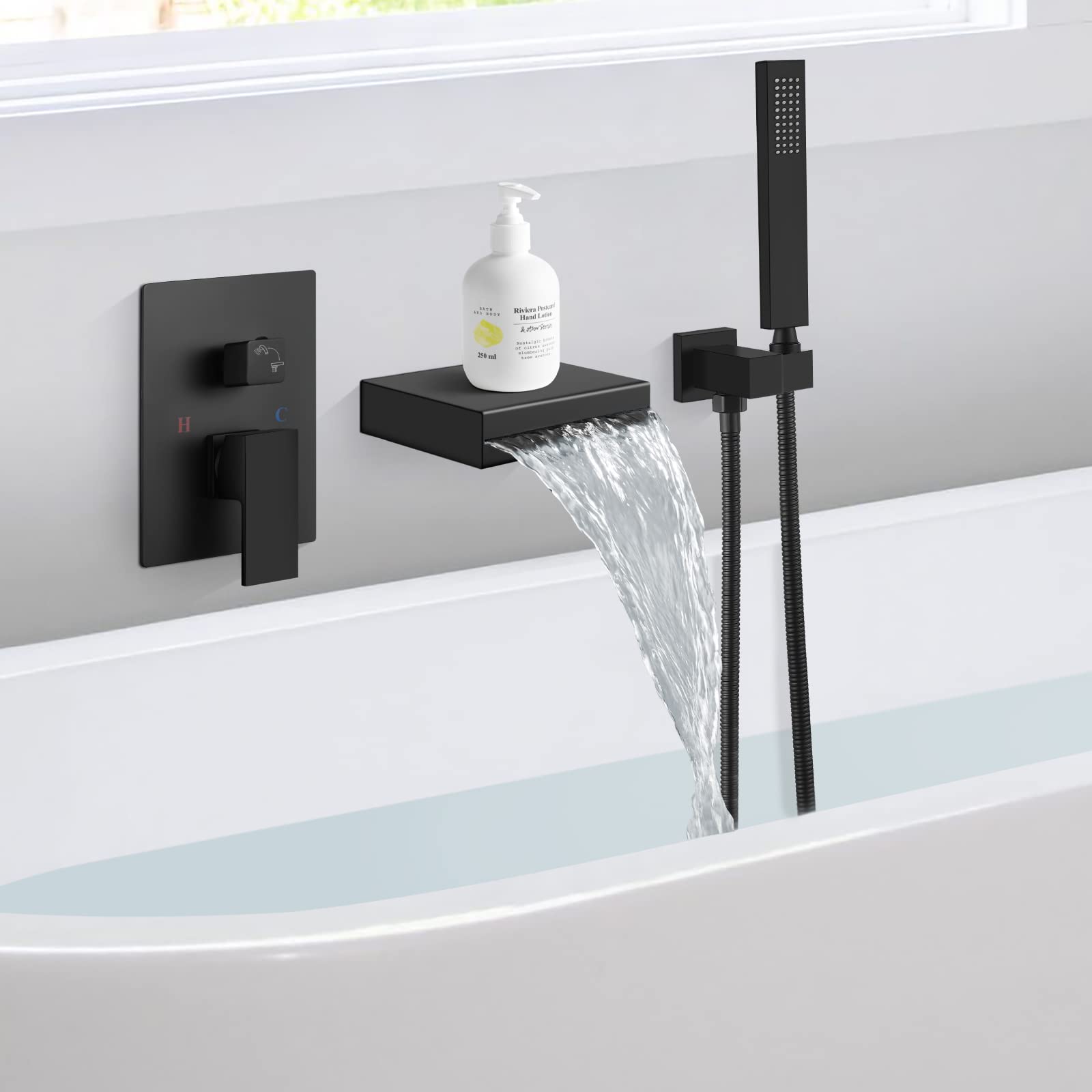 Cinwiny Matte Black Wall Mount Waterfall Tub Spout with Handheld Shower Single Handle Tub Filler Bathtub Shower Faucet Set with Sprayer Rough-in Valve Brass