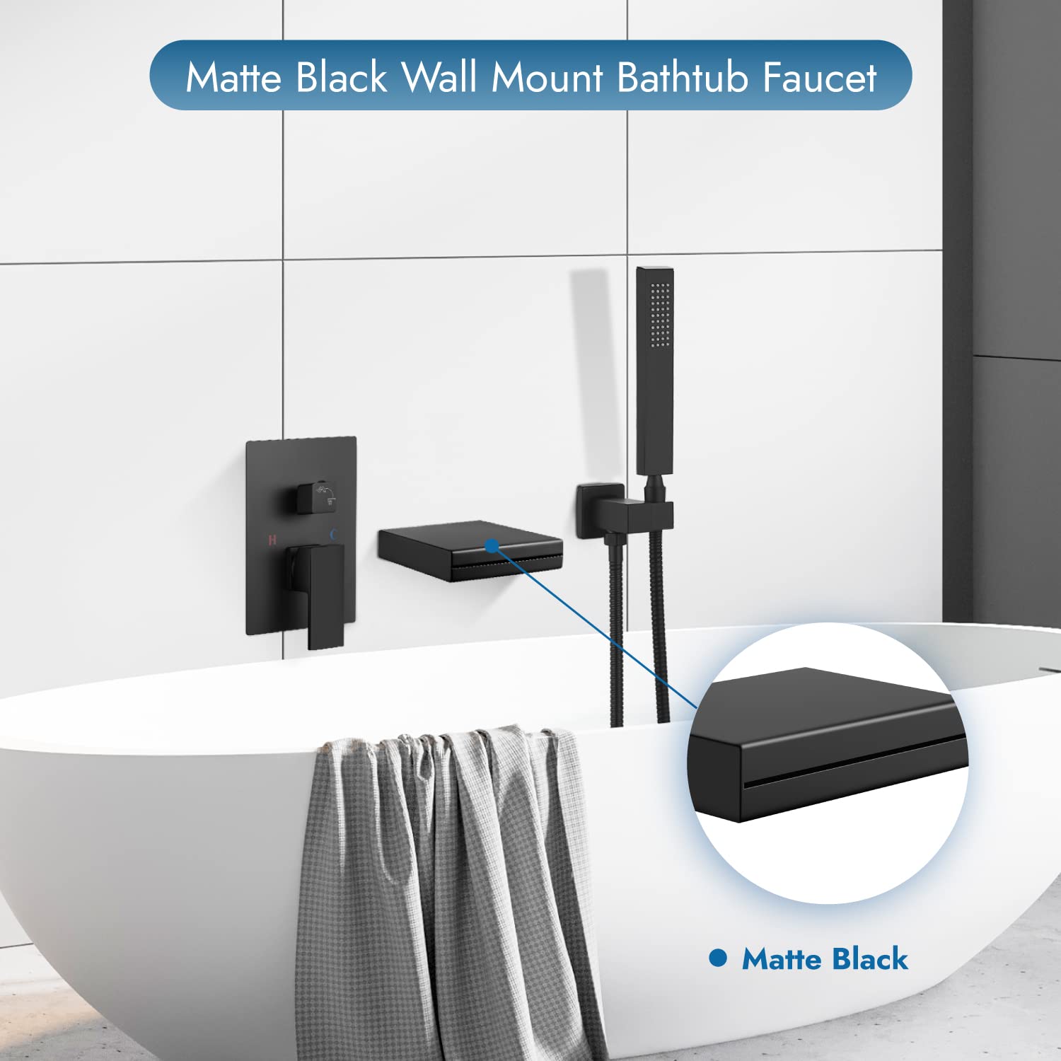 Cinwiny Matte Black Wall Mount Waterfall Tub Spout with Handheld Shower Single Handle Tub Filler Bathtub Shower Faucet Set with Sprayer Rough-in Valve Brass