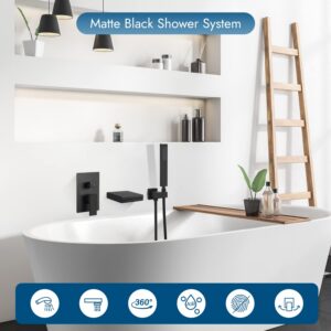 Cinwiny Matte Black Wall Mount Waterfall Tub Spout with Handheld Shower Single Handle Tub Filler Bathtub Shower Faucet Set with Sprayer Rough-in Valve Brass