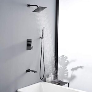 sumerain Matte Black Shower Faucet Set with Waterfall Tub Spout and Handheld Shower Head, Anti-scalding Pressure Balance Valve