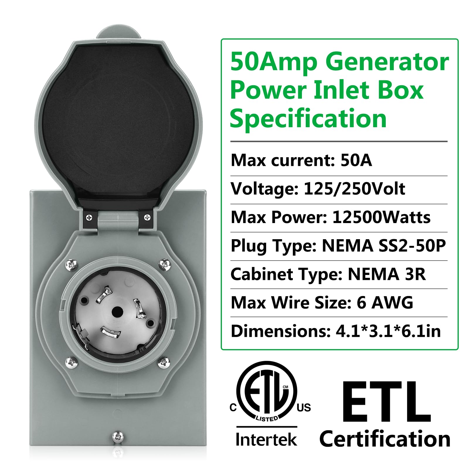 Rundik 50 Amp Generator Power Inlet Box, ETL Listed NEMA SS2-50P Power Inlet Box for 3 Prong Generator Cord, 125/250 Volt, 12500 Watts Generator Transfer Switch Weatherproof, Outdoor Use