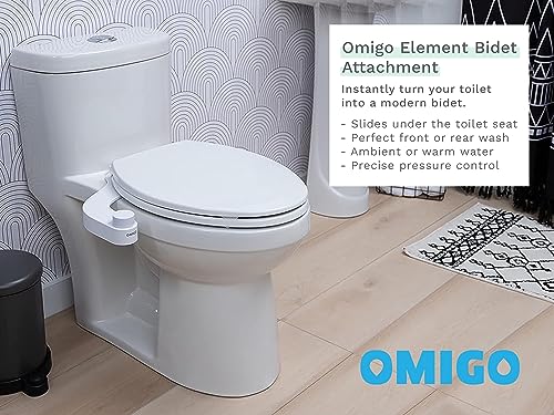 Omigo Element Bidet Attachment Non-Electric Thin Modern Design, Dedicated Rear and Front Self-Cleaning Nozzles with Pressure Control Dial (Ambient Temp, White)