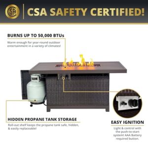 Kinger Home Novi Rattan 52-Inch Outdoor Patio Propane Gas Fire Pit Table, CSA Certified 50,000 BTU Firepit, Brown Aluminum Frame