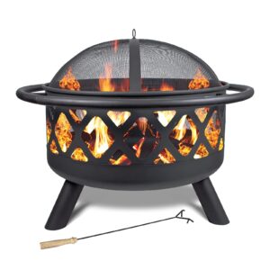 fire pits 30'' outdoor wood burning firepit bowl with spark screen cover log grate fire poker steel round fireplace for outside camping bonfire beach patio backyard,black1