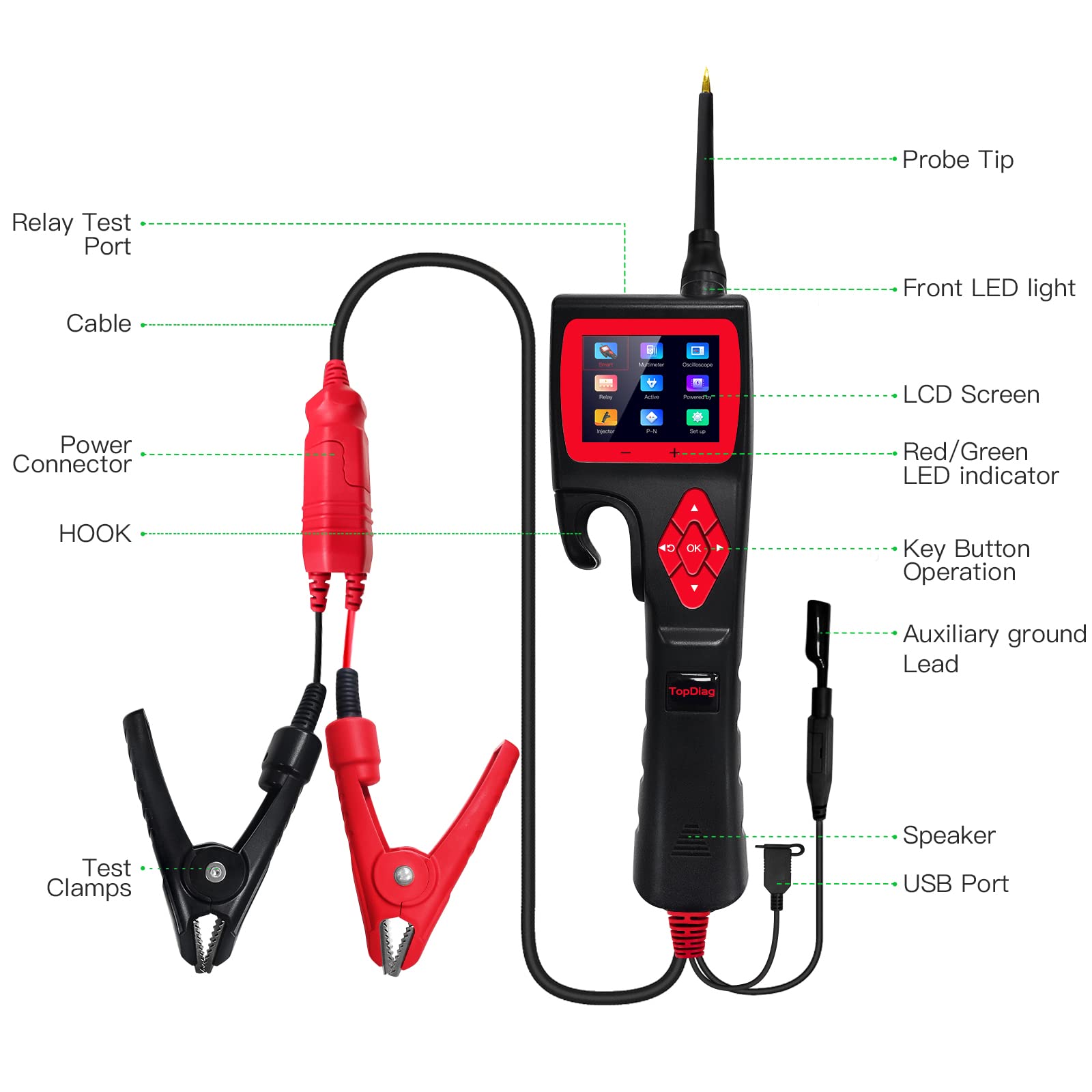 TopDiag P200 Car Circuit Tester with Oscilloscope, 20FT Cable - Tests Voltage, Continuity, Components