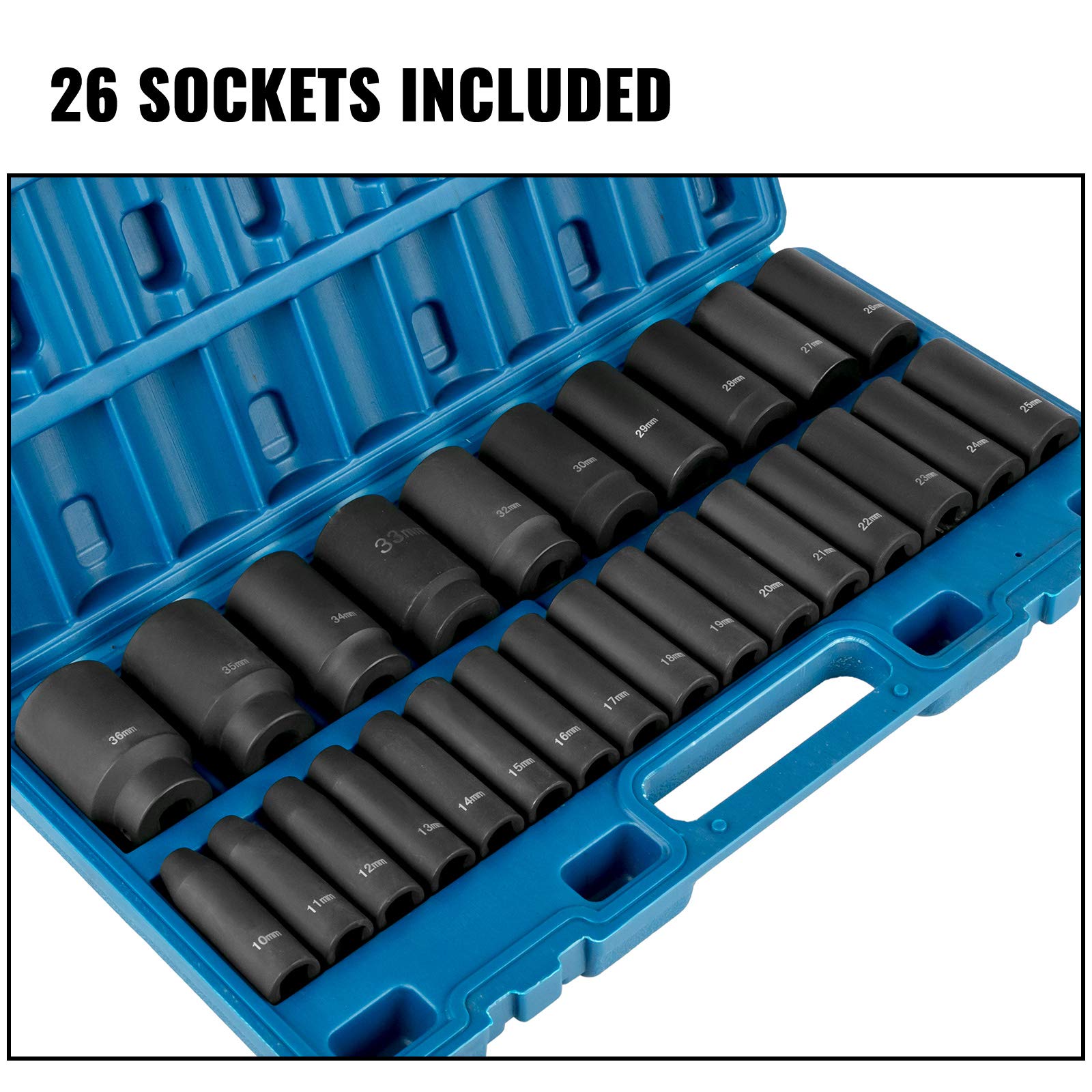 VEVOR Impact Socket Set 1/2 Inches 26 Piece Deep Sockets, , 6-Point , Rugged Construction, Cr-V, 1/2 Inches Drive Socket Set Impact Metric 10mm - 36mm, with a Storage Cage