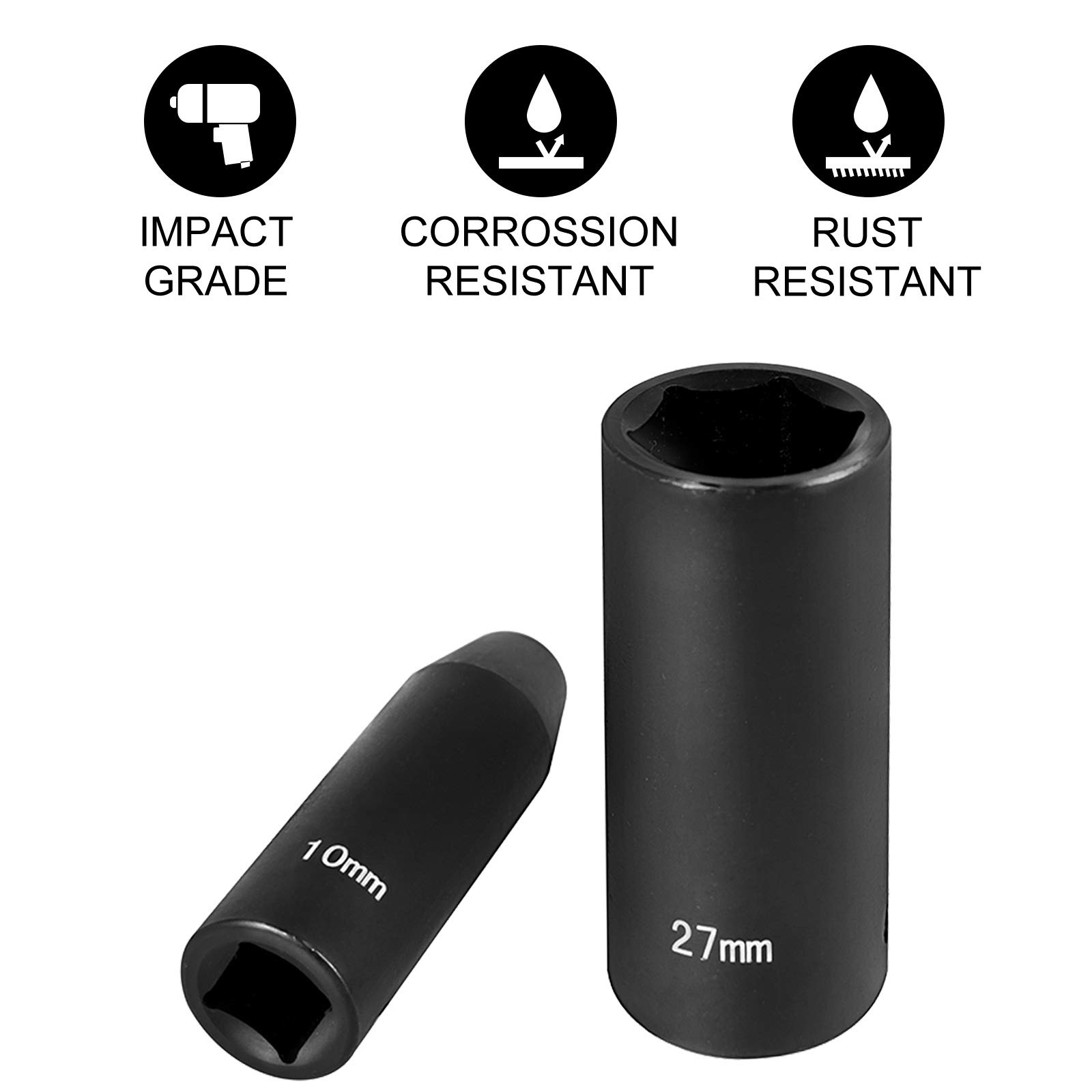 VEVOR Impact Socket Set 1/2 Inches 26 Piece Deep Sockets, , 6-Point , Rugged Construction, Cr-V, 1/2 Inches Drive Socket Set Impact Metric 10mm - 36mm, with a Storage Cage