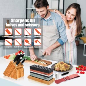 Knife Sharpening Stone Set, HMPLL Whetstone Knife Sharpener Stone Set 4 Side Grit 400/1000 3000/8000, Professional Include Non-Slip Bamboo Base, Leather Strop, Flattening Stone & Angle Guide