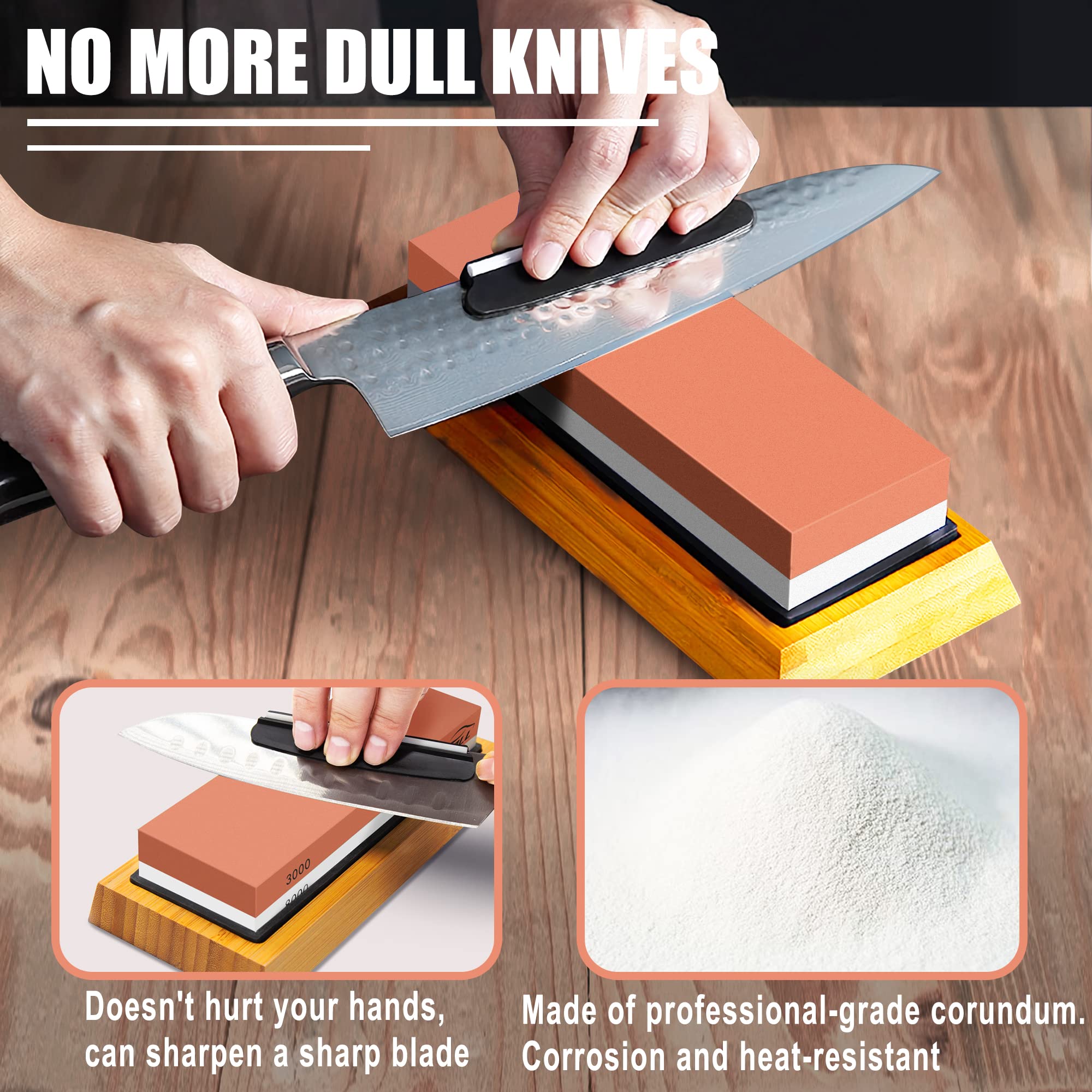 Knife Sharpening Stone Set, HMPLL Whetstone Knife Sharpener Stone Set 4 Side Grit 400/1000 3000/8000, Professional Include Non-Slip Bamboo Base, Leather Strop, Flattening Stone & Angle Guide