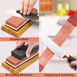 Knife Sharpening Stone Set, HMPLL Whetstone Knife Sharpener Stone Set 4 Side Grit 400/1000 3000/8000, Professional Include Non-Slip Bamboo Base, Leather Strop, Flattening Stone & Angle Guide