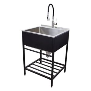 transolid tfh-2522-mb 25 in. x 22 in. x 34.3 in. stainless steel laundry sink with wash stand in matte black