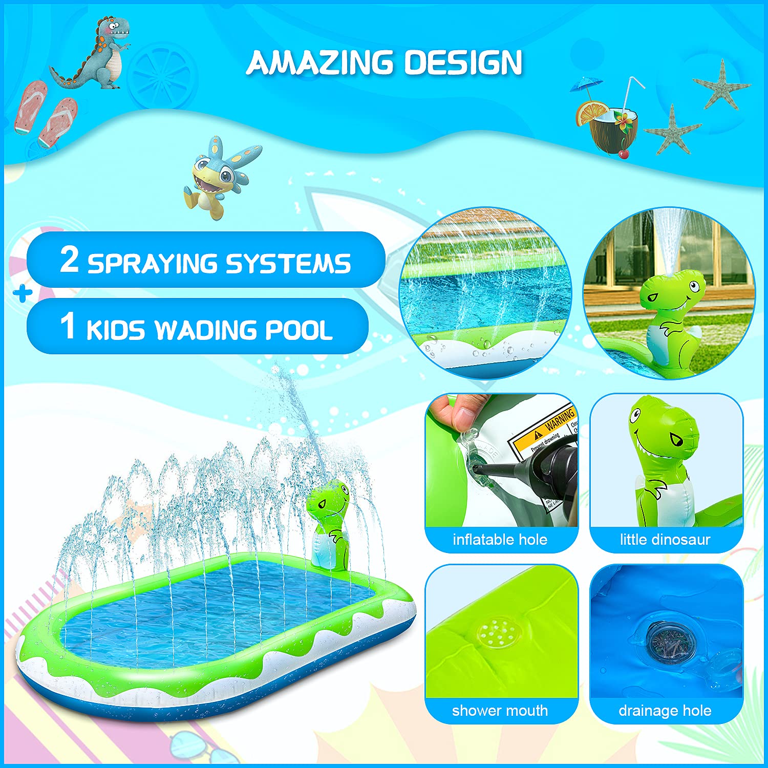 Inflatable Sprinkler Pool for Kids Toddlers Outdoor Water Toys,URMARVELOUS Dinosaur Kiddie Pool, Baby Wading Pool for Summer Backyard,Outside Play Equipment for 3 4 5 6 7 8 9+ Year Old Boys Girls