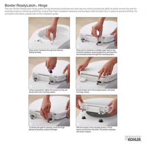 KOHLER 24495-A-0 Border ReadyLatch Elongated Toilet Seat, Quiet-Close Lid and Seat, Grip-Tight Bumpers and Installation Hardware, White