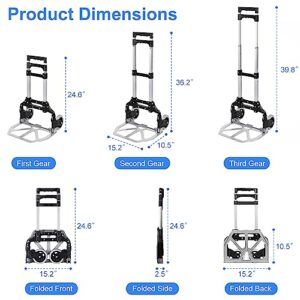 Double Rhombus Folding Hand Truck Dolly Cart, 330 Lbs Load Capacity Aluminium Trolley Cart with Telescoping Handle, 2 Rubber Wheels, Bungee Cords for Luggage, Travel, Moving, Shopping, Office Use