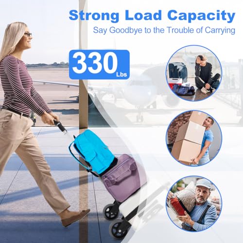 Double Rhombus Folding Hand Truck Dolly Cart, 330 Lbs Load Capacity Aluminium Trolley Cart with Telescoping Handle, 2 Rubber Wheels, Bungee Cords for Luggage, Travel, Moving, Shopping, Office Use