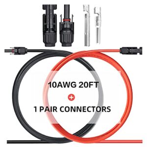 jamgoer 20FT 10AWG Solar Panel Extension Cable with Male and Female Connectors with Extra Free Connectors and Solar Connector Pins for Solar Panel (6M Red +6M Black)