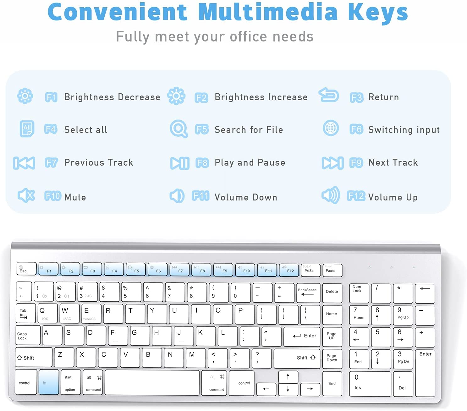 J JOYACCESS Bluetooth Keyboard, Multi-Device Wireless Keyboard with Number Keypad, Wireless Keyboard Compatible with iMac, Mac, Apple, MacBook Air/Pro,Laptop, Android, Windows,Computer-Silver