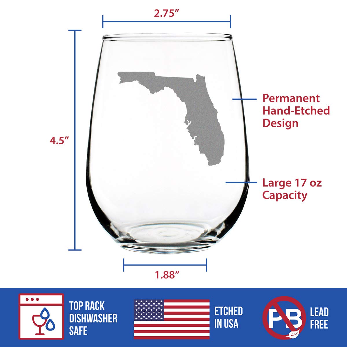 Florida State Outline Stemless Wine Glass - State Themed Drinking Decor and Gifts for Floridian Women & Men - Large 17 Oz Glasses