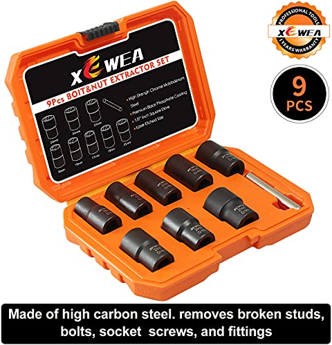 XEWEA 9PCS Bolt Nut Extractor Set, 1/2" Drive Impact Lug Nut Remover Socket Tool, Wheel Lock Removal Kit, Easy Out Extractor Set for Damaged, Frozen, Rusted, Rounded-Off Bolts Nuts & Screws