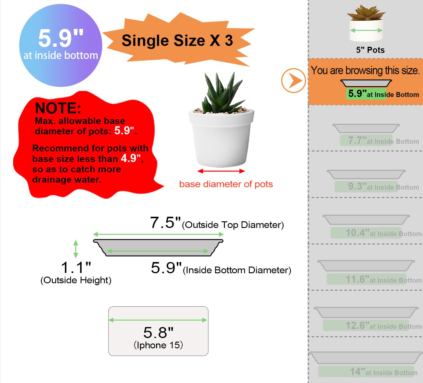 GREGICH 3 Pack Plastic Plant Saucer Tray 5.9" at Inside Bottom, 6 8 10 12 14 inch Plant Pot Saucers Plant Trays for Indoors, Thick Heavy Duty Planter Trays and Saucer Water Drainage Drip Tray Outdoors