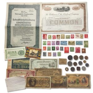 ww2 world currency – 57 original allied & axis powers banknotes, coins, stamps and bonds + album to build your foreign currency collection - coin collection supplies and certificate of authenticity