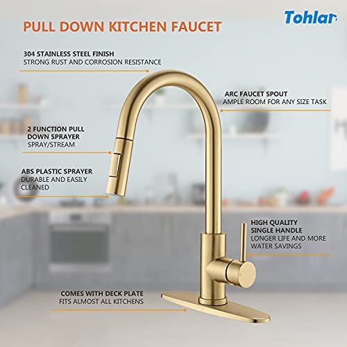 Tohlar Gold Kitchen Faucets with Pull-Down Sprayer, Modern Stainless Steel Single Handle Pull Down Kitchen Sink Faucet with Deck Plate, Brushed Gold