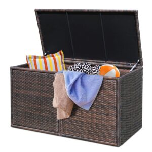 tangkula outdoor wicker storage box, garden deck bin with steel frame, rattan pool storage box with lid, ideal for storing tools, accessories and toys, 88 gallon capacity (brown)