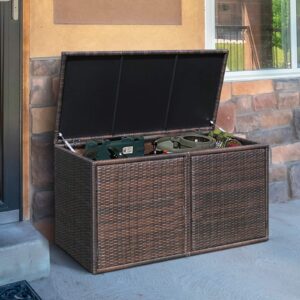 Tangkula Outdoor Wicker Storage Box, Garden Deck Bin with Steel Frame, Rattan Pool Storage Box with Lid, Ideal for Storing Tools, Accessories and Toys, 88 Gallon Capacity (Brown)