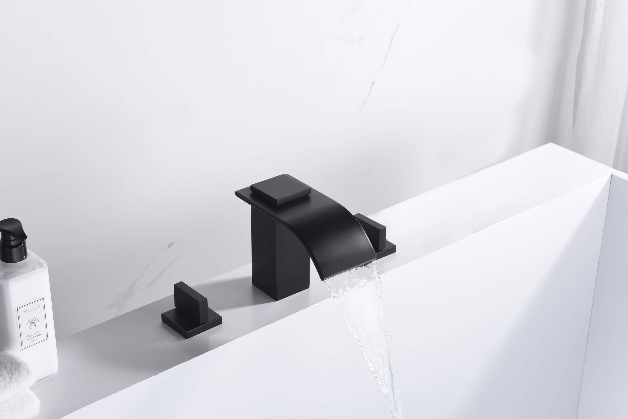 sumerain Black Waterfall Tub Faucet Deck Mount 3 Hole Widespread Bathtub Faucet with Valve