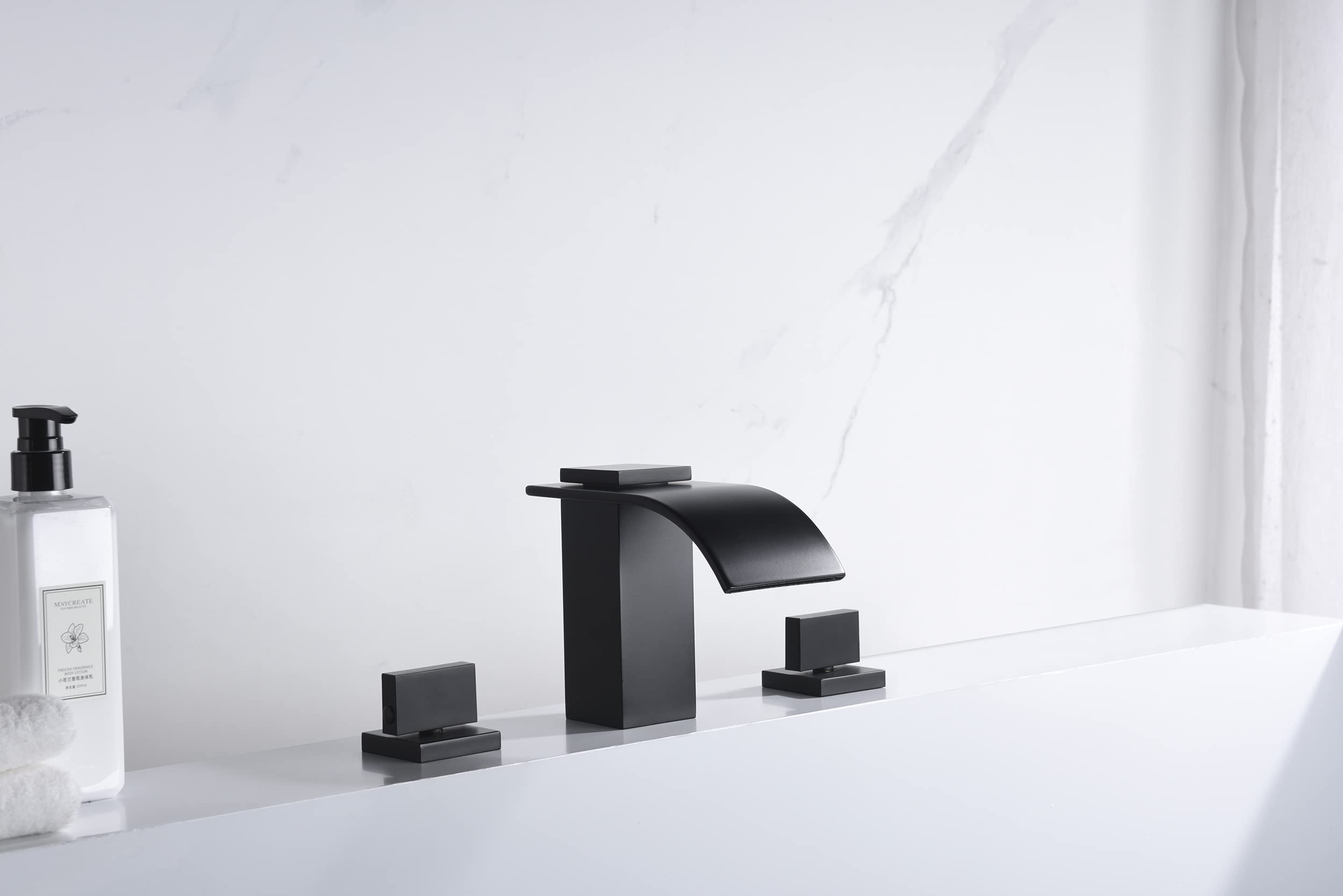 sumerain Black Waterfall Tub Faucet Deck Mount 3 Hole Widespread Bathtub Faucet with Valve