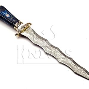 NoonKnives: custom Hand Made Damascus Steel Collectible wavy dagger Knife (blue)