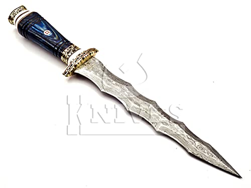 NoonKnives: custom Hand Made Damascus Steel Collectible wavy dagger Knife (blue)