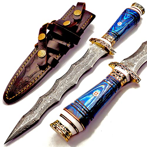 NoonKnives: custom Hand Made Damascus Steel Collectible wavy dagger Knife (blue)