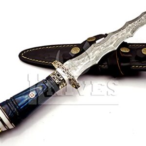 NoonKnives: custom Hand Made Damascus Steel Collectible wavy dagger Knife (blue)