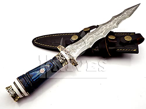 NoonKnives: custom Hand Made Damascus Steel Collectible wavy dagger Knife (blue)