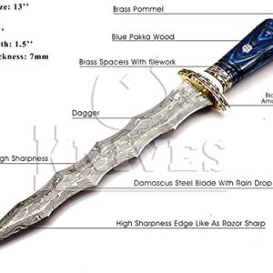 NoonKnives: custom Hand Made Damascus Steel Collectible wavy dagger Knife (blue)