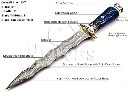 NoonKnives: custom Hand Made Damascus Steel Collectible wavy dagger Knife (blue)