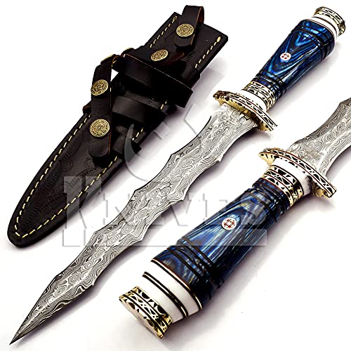 NoonKnives: custom Hand Made Damascus Steel Collectible wavy dagger Knife (blue)