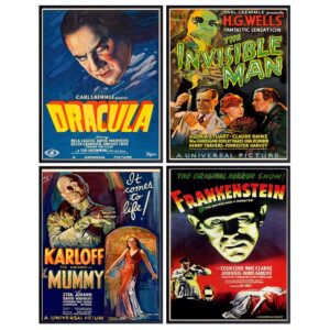 dracula - the invisible man - the mummy - frankenstein - vintage horror monster movie poster set - home theater wall art decorations - creepy classic scary movie - man cave, boys bedroom, teens room