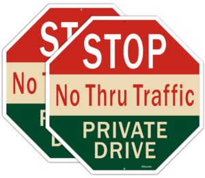 stop no thru traffic private drive sign 12" x 12" private driveway sign metal reflective no thru traffic sign rust free aluminum stop sign uv protected waterproof outdoor use 2 pack