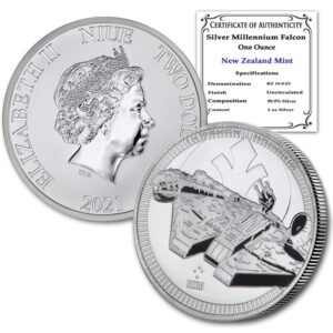 2021 nz niue 1 oz silver millennium falcon coin brilliant uncirculated with certificate of authenticity $2 bu