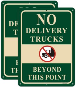 2 pack no delivery trucks beyond this point signs 10" x 14" no trucks warning road signs metal reflective rust free aluminum uv protected waterproof easy mounting outdoor use