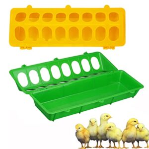 flip top poultry feeder with 16 holes on floor no mess no waste for small poultry pigeon quails chick ducklings birds,2 pieces(yellow,green)