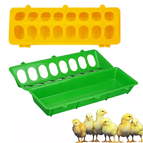 Flip Top Poultry Feeder with 16 Holes on Floor No Mess No Waste for Small Poultry Pigeon Quails Chick Ducklings Birds,2 Pieces(Yellow,Green)