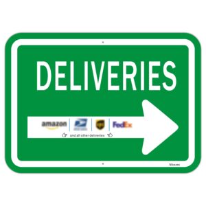 deliveries with right arrow sign 10" x 14" package delivery instructions for fedex amazon ups usps sign metal reflective rust aluminum uv protected waterproof outdoor use