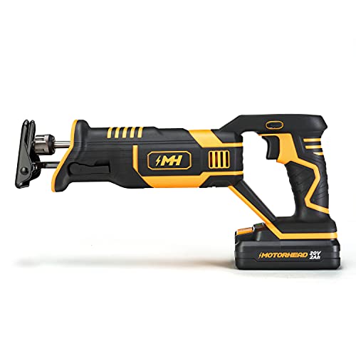 MOTORHEAD 20V ULTRA Cordless Reciprocating Saw, Lithium-Ion, Tool-Free Blade Change & Guard, 1” Stroke, 0-3000 SPM, Variable Speed Trigger, 2Ah Battery, Quick Charger, Bag, 2 Blades, USA-Based